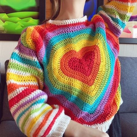 Crochet Rainbow Sweater Free Pattern, Crochet Rainbow Clothes, Crochet Rainbow Sweater, Rainbow Sweater Outfit, Rainbow Yarn Crochet, Crochet Heart Sweater, Crocheting Cardigan, Bright Clothing, Bright Crochet