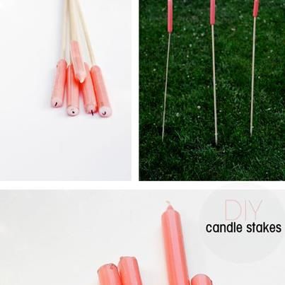 DIY Outdoor Candle Stakes :) ~Frisky    I wanted to bring in extra light to our yard and was looking for something a bit more refined then the store bought tiki torches. So I made my own candle stakes! I used a small drill bit to hallow out the bottom 1/4 of a stack of taper candles and stuck them atop craft dowels and then into the ground. It’s been an easy, affordable and pretty way to bring extra light to our extended evenings outdoors. Hooray for summer! Diy Outdoor Candles, Torches Tiki, Camping Tricks, Outdoor Hacks, Outdoor Candle, Camping Hacks Diy, Van Ideas, Tiki Torches, Outdoor Candles