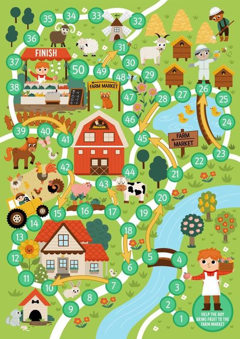 Farm dice board game for children with village map. Countryside landscape boardgame.  Rural country activity or printable worksheet for kids. Help the farmer bring fruit to the farm market Teaching Kids Colors, Farm Map, Candyland Games, Village Map, Esl Games, Map Games, Kids Help, Farm Games, Worksheet For Kids