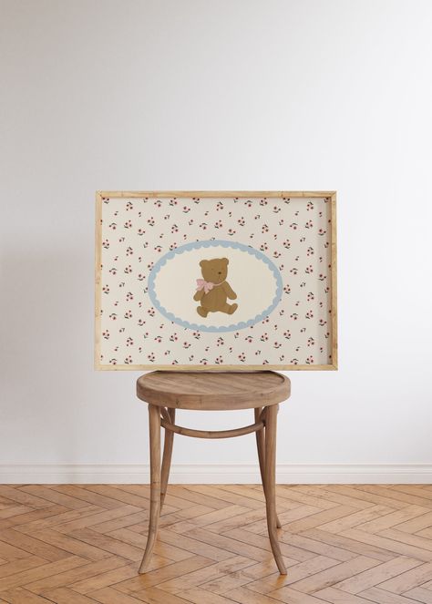 This Listing is for a Cute Teddy Bear Wall Art Printable. With a scallop edge and pastel blue and pink floral background, it has a perfect vintage feel! Perfect for a girl's room, playroom, or nursery! I have a lot of similar and complimentary pieces including a Gallery Wall Art Set, so please check out my shop if you want to get more and save! PLEASE NOTE, THIS IS A DIGITAL DOWNLOAD ONLY. No physical product will be shipped. All files are available immediately after purchase for download. You will receive a PDF with a download link. Just download, print, and frame! Once your payment is confirmed, Etsy will email you a link to download your order and also make your PDF with the link to download available in your account order history. WHAT YOU WILL RECEIVE: One high-resolution Poster in .j Teddy Bear Nursery Theme, Nursery Cottagecore, Bear Nursery Theme, Art Vintage Aesthetic, Aesthetic Nursery, Teddy Bear Wall Art, Teddy Bear Wall, Pink Floral Background, Teddy Bear Nursery