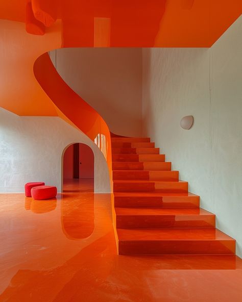 How would you style Neon Orange in the home?⁠ ⁠ A minimal and modern installation art piece featuring an orange staircase leading to the basement, with one step covered in bright red paint. The floor is painted white. This artistic creation creates a striking contrast between lightness of color and dark space below. --v 6.0 --s 550 --ar 4:5⁠ ⁠ ⁠ ⁠ ⁠ #aiphoto #aiphotography #promptphotography #photography #digitalart #art #follow #design #contemporary #interiordesignideas #deco #interior #surr... Orange Staircase, Orange Floor, Modern Installation, Dark Space, Gym Interior, Yellow Room, Orange Interior, Orange Decor, Futuristic Interior