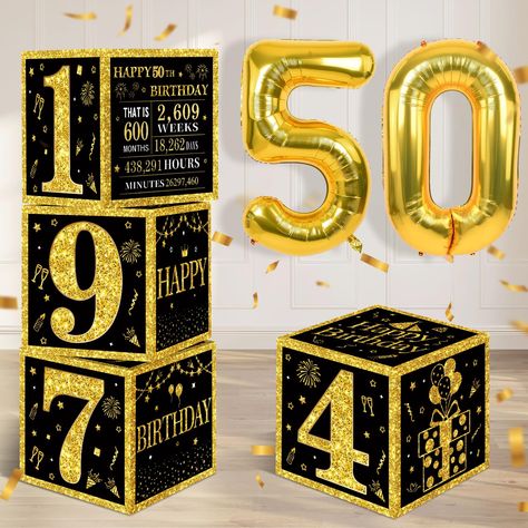 PRICES MAY VARY. 【Package Include】- You will receive 4 pieces black gold 50th birthday balloon boxes decorations and 1pc 50 Number Balloons. The size of each box is 11.8×11.8×11.8inch.This set of great 50th birthday party display decorations. 【Creative Design】- The 50th birthday decoration box are designed with black gold as the background and features birthday elements such as cakes, flags, balloons, etc. One side of the box is printed with facts related to 1974, which attract more families or 50 Year Birthday Decorations, 50 Celebration Ideas, 50th Decoration Ideas For Men, Speakeasy 50th Birthday Party, 50th Birthday Party Ideas For Men Decorations Husband, Mens 50th Birthday Party Ideas Decoration Centerpieces, Black And Gold Birthday Party Ideas Decoration, 50th Birthday Decorations Men, 50th Birthday House Party Ideas