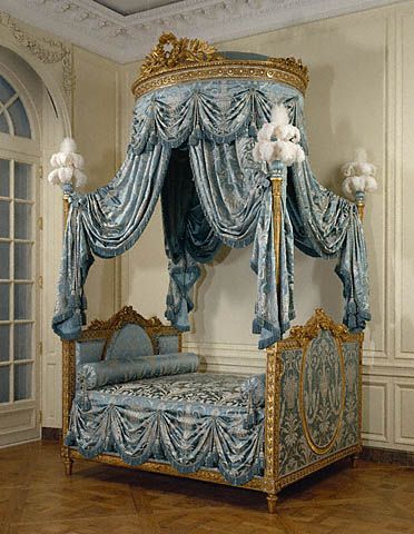 Bed (Lit à la Polonaise)  	    Unknown   French, Paris, about 1775 - 1780   Painted and gilded walnut, gilded iron, modern silk upholstery and passementerie, and ostrich feathers  9 ft. 11 in. x 5 ft. 10 1/2 in. x 7 ft. 5 in.   94.DA.72 French Canopy Bed, Muebles Shabby Chic, Bed Crown, French Bed, Antique Beds, Bed Lights, Canopy Bed, French Furniture, Beautiful Bedding