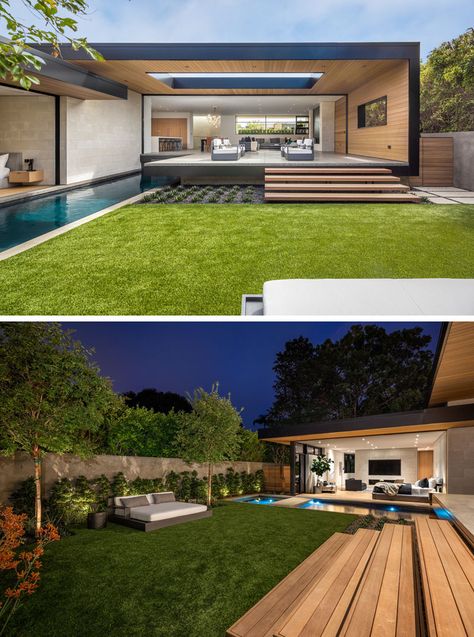 This Modern California House Creates An Indoor / Outdoor Lifestyle Partially Covered Pool, Patio With Steps Down From House To Pool, Modern Covered Patio, House Steps, Bequia, Hidden Lighting, California House, Casa Country, White Oak Floors