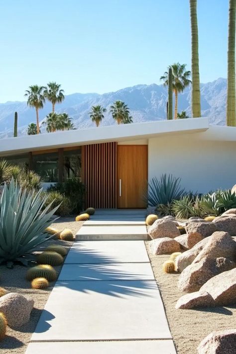 Mid Century Modern House California, Mid Century Modern Exterior Brick, Palm Springs Bungalow, Palm Springs House Plans, Mid Century Modern Exteriors, Retro Palm Springs Aesthetic, Modern Desert Home Exterior, Palm Springs Homes Exterior, Vintage Palm Springs Aesthetic