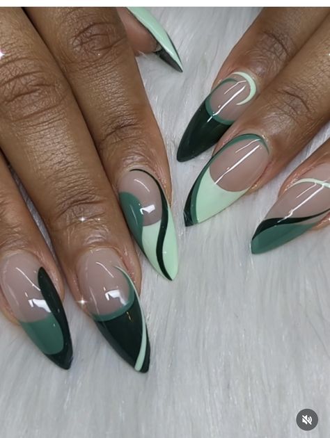 Monstera Plant Nail Art, Elegant Spring Nails 2024, Green And Silver Nails Ideas, Pointed Acrylic Nail Designs, Funky French Tip Nails Almond, Green And Nude Nail Designs, Almond Nails Trendy French Tip, White And Green French Tip Nails, Nails Half And Half Color