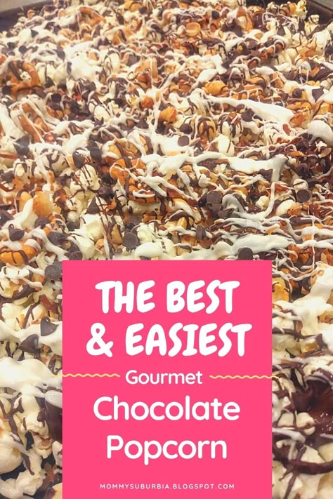 How To Make Flavored Popcorn Recipes, Choc Covered Popcorn, Popcorn Chocolate Drizzle, Popcorn Bark Recipes, How To Make Gourmet Popcorn, Chocolate Drizzled Popcorn How To Make, Caramel Chocolate Popcorn, Chocolate Coated Popcorn, Dessert Popcorn Recipes