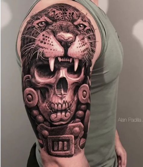 Calf Tattoo Ideas, Aztec Warrior Tattoo, Aztec Tattoos Sleeve, Motorcycle Art Painting, Leopard Skull, Lion Art Tattoo, Aztec Artwork, Jaguar Tattoo, Mayan Tattoos