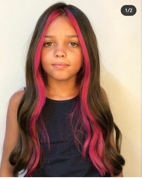 Girls Hair Color Ideas Kids, Pink Hair For Kids, Kids With Colored Hair, Kid Highlights Hair, Kids Dyed Hair, Kids Hair Color Ideas Girls Fun, Pink Strands In Brown Hair, Kids Hair Dye Ideas, Kids Pink Hair