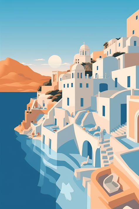 Aesthetic Greece, Wanderlust Decor, Greece Art, Dorm Art, Posca Art, Santorini Island, Travel Illustration, Architecture Illustration, Travel Wall Art