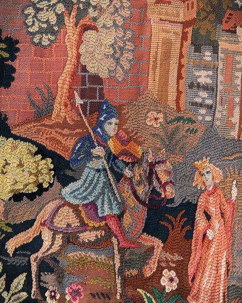 French wool & silk 19th century tapestry of a medieval scene. I finally have my first one! 💙 Medieval Tapestry Wallpaper, Medieval Tapestry Aesthetic, The Bayeux Tapestry, Ancient Tapestry, Unicorn In Captivity Tapestry, Medieval Unicorn Tapestry, Medieval Tapestry, Wild Child, Hanging Tapestry