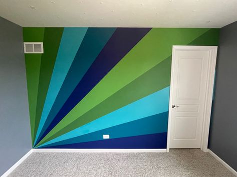 Blue And Green Striped Wall Paint Ideas, Blue Accent Wall Classroom, Boys Bedroom Mural Ideas, Boys Room Green Accent Wall, Blue And Green Kids Room, Blue And Green Boys Bedroom, Colorful Accent Wall Ideas, Kids Room Paint Ideas For Boys, Kids Accent Wall Boys