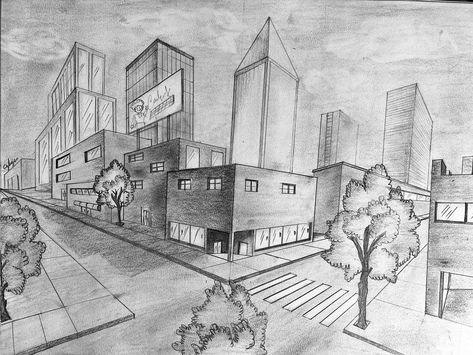 Two Point Perspective Drawing City, City Drawing Sketches, City Scape Drawing, Drawing Cityscapes, Two Point Perspective City, 2 Point Perspective City, Messy Birthday, City Drawings, Perspective City