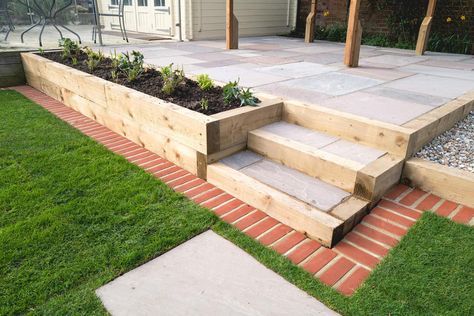 Patio Edging, Brick Garden Edging, Brick Edging, Raised Patio, Concrete Patios, Patio Steps, Brick Garden, Wooden Gazebo, Back Garden Design