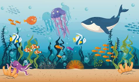 Animals In Ocean, Seahorse Cartoon, Cute Turtle Cartoon, Shark In The Ocean, Blue Animals, Sea Life Animals, Marine Landscape, Creature Marine, Underwater Plants