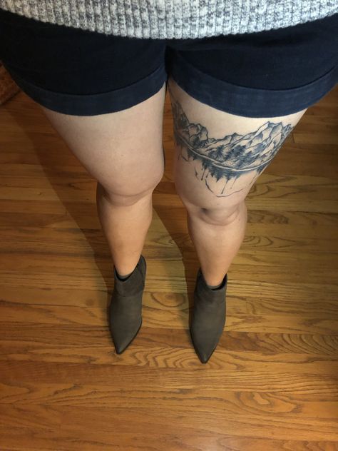 Mountain Thigh Tattoo Women, Mountain Reflection Tattoo, Mountain Tattoo Thigh, Mountain Thigh Tattoo, Mountain Tattoo Leg, Inhaler Tattoo, Reflection Tattoo, Tattoo Mountain, Tattoo Pierna