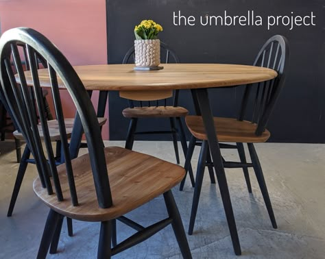 Ercol dining set comprising of refurbished 384 table and 4 X 400 chairs. Natural and Annie Sloan Chalkpaint® Athenian Black. Local Delivery or Collection. Ercol Chair Upcycle, Black And Wood Chairs, Black And Oak Table, Upcycled Dining Chairs Ideas, Upcycle Table And Chairs, Dining Chair Upcycle, Black And Wood Dining Chairs, Upcycled Table And Chairs, Upcycled Dining Table And Chairs