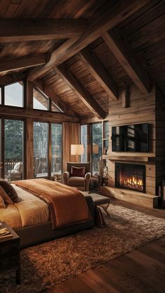 Home Decor: #homedecor, #interiordesign, #homedesign, #decor inspiration # study room # bedroom decor Alaskan House Interior, Rustic Bedroom With Fireplace, Cozy Cabin Bedroom Aesthetic, Colorado Cabin Aesthetic, Cabin Home Aesthetic, Barn House Bedroom, Cabin Aesthetic Interiors, Cabin Bedroom Aesthetic, Ranch House Bedroom