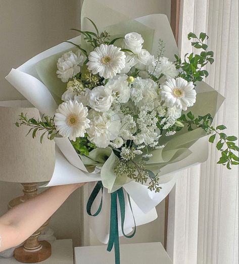 Sage Green Flower Bouquet, Bouquet Of Flowers Green, Green Flowers Bouquet, Green Flower Bouquet, Sage Green Flowers, Wedding Flowers Tulips, Ribbon Flowers Bouquet, June Flower, Flower Boquet