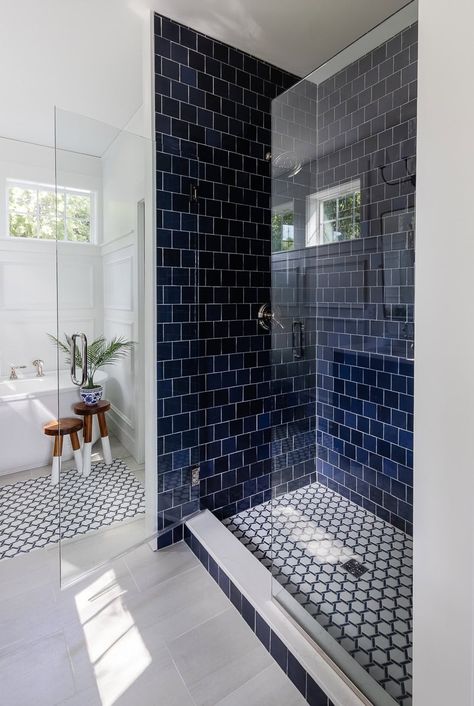 Indigo Bathroom, White Lake House, Navy And White Bathroom, Lilypad Cottage, Lake Bathroom, Lake House Bathroom, Navy Blue Bedrooms, Blogger Home, Bathroom Transformation