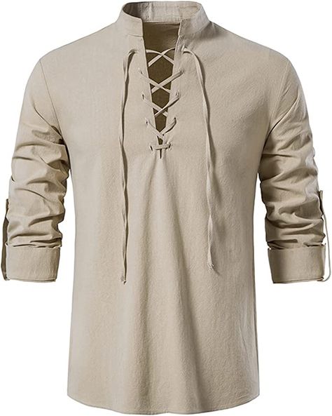 Stand Collar Shirt, Laced Up Shirt, Linen Shirt Men, Mens Linen, Moda Vintage, Long Sleeve Tee Shirts, Spring Shirts, Boho Stil, Outfit Casual