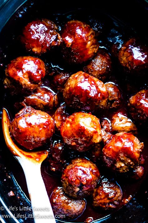 This sweet and spicy, Grape Jelly Meatballs recipe has a secret ingredient to add to the flavor of the sauce. This easy crockpot/slow cooker recipe is a large amount which is perfect for a game day, a party, or a holiday gathering. #grapejellymeatballs #appetizer #recipe #lifeslittlesweets #meatballs #crockpot #slowcooker #gameday #partyfood #entertainingfood #holidayfood Spicy Grape Jelly Meatballs, Spicy Grape Jelly, Sweet Meatballs Crockpot, Spicy Meatballs Crockpot, Jelly Meatballs Crockpot, Holiday Meatballs, Sweet Sauce Recipes, Jelly Meatball Recipe, Sweet Meatballs