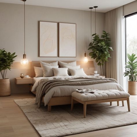 Scandinavian Master Room, Natural Coloured Bedroom, Calming Bedroom Lighting, Light Beige Bedroom Walls, Beige And Wood Bedroom, White And Oak Bedroom, Beige And White Bedding, Beige Green Bedroom, Scandinavian Boho Bedroom