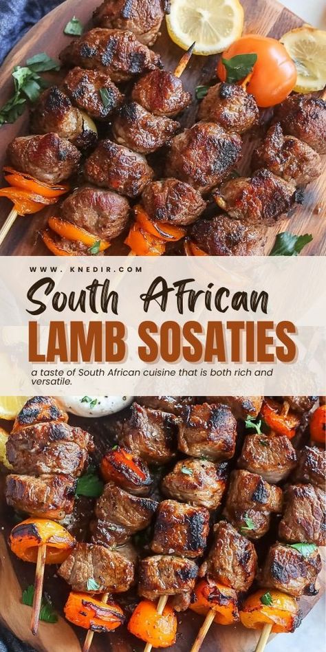 South African Lamb Sosaties (Kebabs) Ingredients: 1 cup plain yogurt 2 teaspoons curry powder 1 tablespoon white sugar 1 tablespoon vegetable oil 1 large onion, cubed into 1-inch pieces 1 cup cubed lamb stew meat 12 ounces dried apricots 8 kebab skewers #SouthAfrican #LambSosaties #Kebabs Lamb Stew Meat, Kebab Skewers, Marinated Lamb, Lamb Stew, Stew Meat, Dried Apricots, Plain Yogurt, Kebabs, Delicious Dinner Recipes