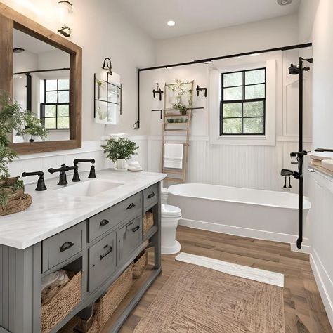 Farmhouse Bathroom Ideas for a Modern Rustic Look Modern Farmhouse Basement Bathroom, Ranch House Bathroom Remodel, Country Home Bathroom Ideas, Bathroom With Personality, Bathrooms Farmhouse Style, Cozy Modern Farmhouse Bathroom, Dream Farmhouse Bathroom, Bathrooms With Wood Tile Floors, Black White And Wood Bathroom Ideas