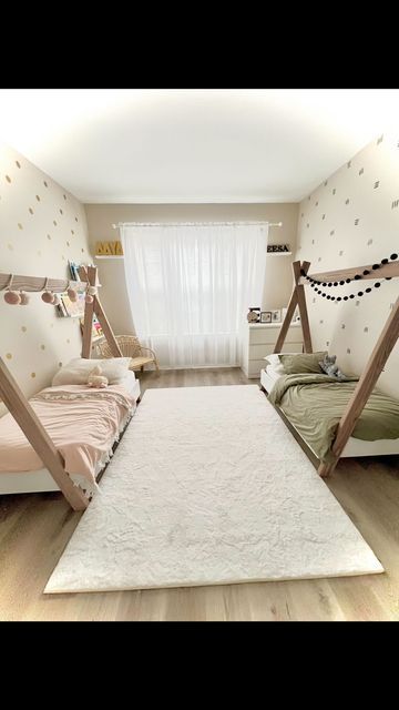 Son And Daughter Room Ideas, Shared Kids Room Boy And Girl Bunk Beds, Twin Room Small Space, Two Montessori Beds In One Room, Bedroom Ideas For 3 Kids Sharing A Room, Two Girl Room Ideas, Twin Toddler Girl Bedroom, Shared Bedroom Boy And Girl Toddler, Twin Girl Bedrooms Toddler