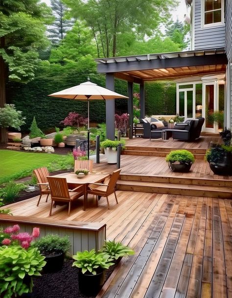 Decks Garden For Small Backyard, Decks For Small Backyards, Rectangle Backyard Landscaping, Small Backyard Ideas On A Budget Easy, L Shaped Deck, Suburban Backyard, Delicious Meatloaf, Backyard Layout, Family Backyard