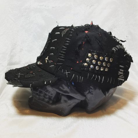 Chad Cherry Clothing distressed, studded hat. Alt Hats, Chad Outfits, Grunge Hats, Cherry Clothing, Punk Hats, Punk Hat, Punk Fashion Diy, Punk Style Outfits, Crust Punk