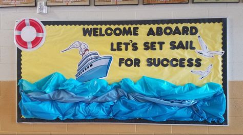 Welcome Aboard Bulletin Board, Pirate Themed Bulletin Board Ideas, Nautical Theme Bulletin Board, Sailboat Bulletin Board Ideas, Boat Bulletin Board Ideas, Nautical Classroom Theme Bulletin Boards, Sailing Bulletin Board Ideas, Sailing Classroom Theme, Sailing Bulletin Board