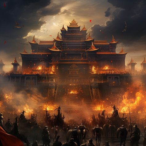 **An exquisitely detailed and masterfully crafted depiction of a majestic scene from the Wo Long Final Dynasty, featuring powerful warriors from different clans engaged in an epic and intense battle amidst a sprawling and intricately designed ancient cityscape. Medium: Digital painting with an emphasis on meticulous details and grand composition. Style: Merge the historical grandeur of ancient Chinese art with the masterful storytelling of concept artist Jung Park, creating a scene that captures Chinese Illustration, Chinese Warrior, Ancient Chinese Art, Fantasy Battle, Concept Artist, Chinese Architecture, Scene Design, Matte Painting, Fantasy Art Landscapes