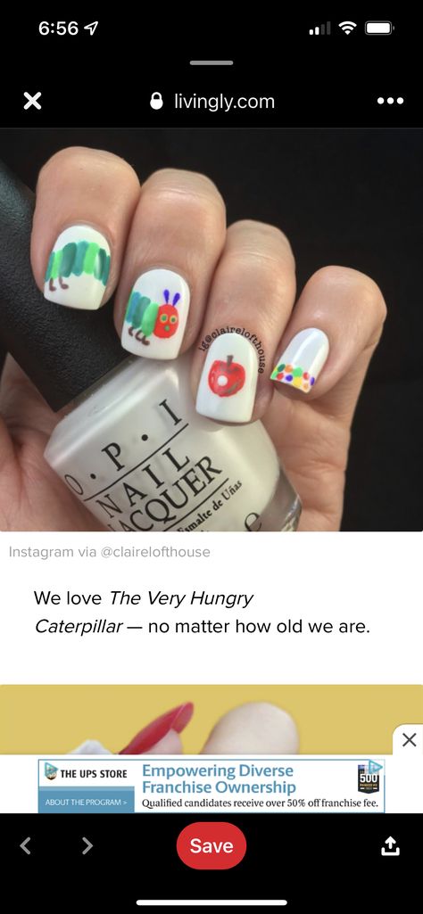 Very Hungry Caterpillar Nail Art, Kindergarten Nail Designs, The Very Hungry Caterpillar Nails, Preschool Nails, Crayola Nails, Hungry Caterpillar Nails, Nails Teacher, Teacher Nails, Caterpillar Birthday