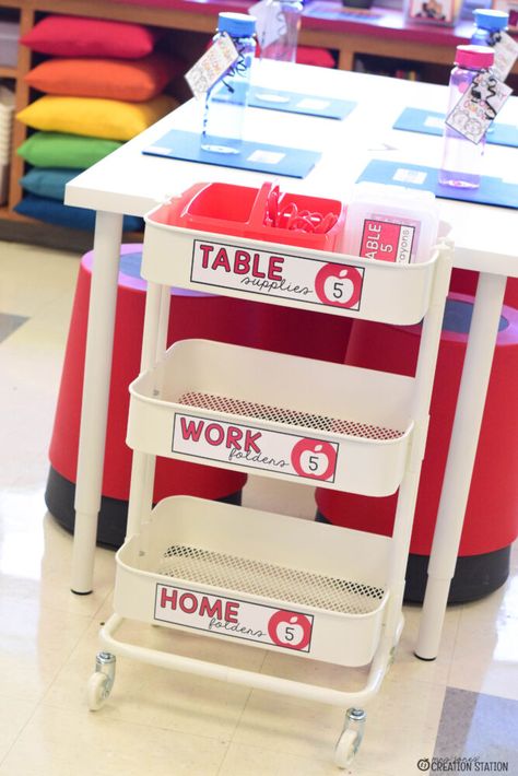 Organization Classroom Elementary, Table Trash Bins Classroom, Student Storage For Tables, Classroom Table Group Storage, 3 Tier Cart Organization Classroom, Classroom Organization Elementary Tables, Kindergarten Classroom Table Storage, Table Storage Classroom, Lunch Box Storage Ideas For Classroom