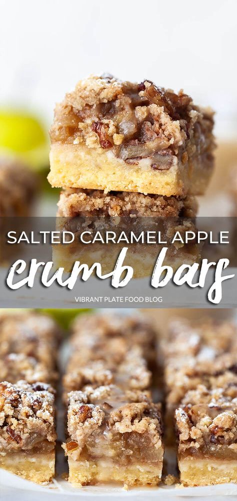 Apple Caramel Bars Recipes, Caramel Apple Crumb Bars, Caramel Apple Crumb Cake, Salted Caramel Apple Bars, Salted Caramel Apple Cake, Salted Caramel Apple Pie Bars, September Baking, Caramel Apple Bar, Apple Crumb Bars