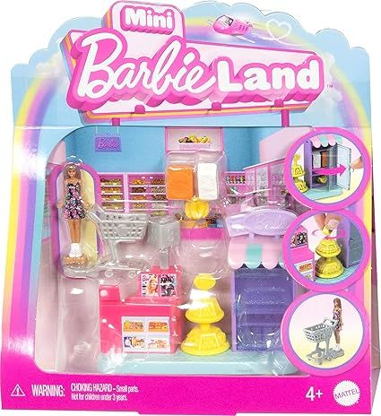 Amazon.com: Barbie Mini BarbieLand Collectible Supermarket Playset with 1.5-Inch Doll, Product Shelves, Check Stand & Shopping Cart for Storytelling Play : Toys & Games American Girl Doll Accessories Food, Disney Princess Party Favors, Product Shelves, Make It Mini Food, Dreamworks Home, Mini Barbie, Baby Alive Food, Barbie Land, Disney Bags Backpacks