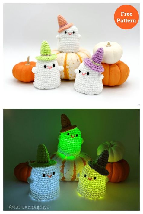 Mini Glow-in-the-Dark Ghosts Free Crochet Pattern Crochet Pacman Ghost, Halloween Arugumi, Crochet Glow In The Dark Patterns, Arugumi Crochet, Glow In The Dark Crochet, Ghost Crochet, Ghost Character, Pumpkin Patterns Free, Fall Craft Fairs