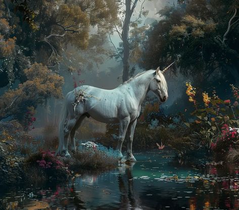 The image is a painting of a unicorn standing in a forest. The unicorn is white with a long, flowing mane and tail and a single horn on its forehead ->> more details in ai-img-gen.com The Last Unicorn Painting, The Last Unicorn Forest, Unicorn Forest, Black Unicorn Fantasy Art, Unicorn Forest Art, Mystical Unicorn, Unicorn Painting, Trees And Flowers, Drawing Wall