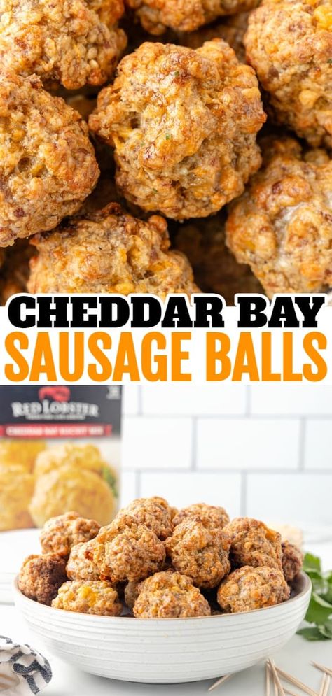 Cheddar Bay Sausage Balls are delicious bite sized balls made with sausage meat, shredded cheddar cheese and Red Lobster Cheddar Bay Biscuit mix. Sausage And Cheddar Biscuits, Grilled Cheese Social Sausage Balls, Cheddar Bay Sausage Balls Cream Cheeses, Cheddar Bay Biscuit Appetizer, Sausage Balls Made With Red Lobster, Red Lobster Mix Sausage Balls, Firecracker Sausage Balls, Red Lobster Cheddar Bay Biscuits Sausage Ball, Cheddar Bay Sausage Biscuits