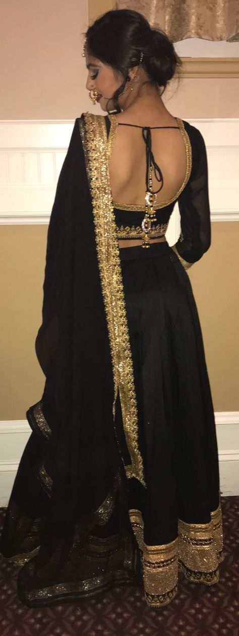 Lovely black and gold chiffon silk lehenga with heavy border and backless blouse with dori Fashion Industry Aesthetic, Fashion Student Aesthetic, Black And Gold Lehenga, Industry Aesthetic, Brown Clothes, Student Aesthetic, Indian Bridal Sarees, Saree Silk, Desi Clothes