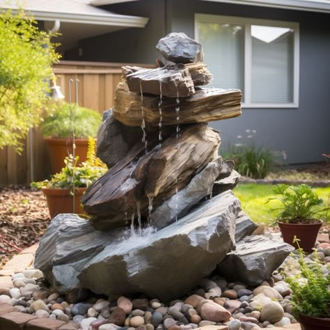 Transform a pile of rocks into a beautiful, functional DIY garden space Stone Water Features In The Garden, Diy Rock Water Feature, Landscape Boulders Ideas, Rock Fountain Diy, Rock Fountains Outdoor, Diy Waterfall Fountain, Water Feature Diy, Water Features For The Yard, Rock Water Fountain