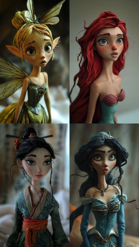 Claymation Characters, Character Art Ideas, Vibes Art Wallpaper, Mulan Doll, Clay Characters, Tim Burton Characters, Ariel Doll, Clay Hair, Tim Burton Art