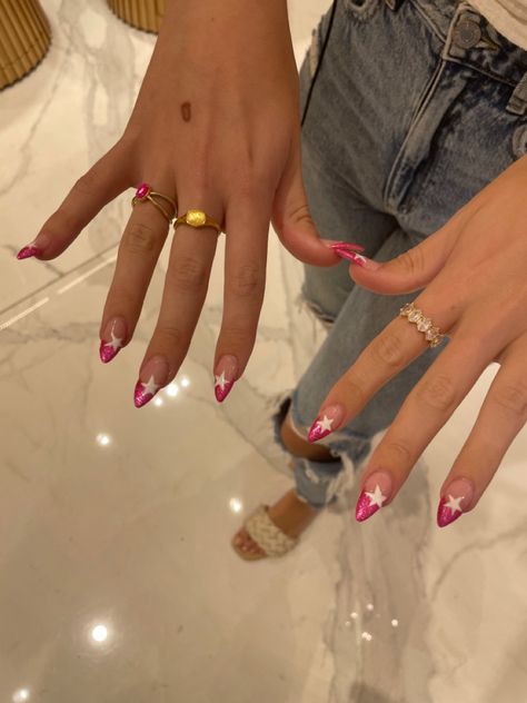 Colorful French Tip Nail Designs, Trendy Star Nails, Pointy Star Nails, Pink Y2k Nails Almond, Summer Hot Nails, Pink And Silver Star Nails, Multi Color Star Nails, Pink Chrome Star Nails, Light Pink Star Nails