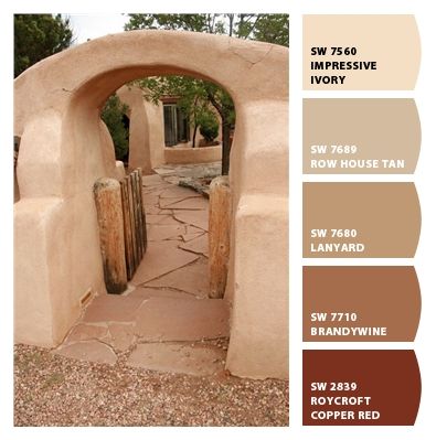 Adobe House Paint Colors, Southwestern Wall Colors, Sherwin Williams Southwest Paint Colors, Hacienda Exterior Paint Colors, Southwest Wall Colors, Adobe Paint Colors, Western Wall Colors Paint, Spanish Style Color Palette, Desert Home Exterior Paint Colors