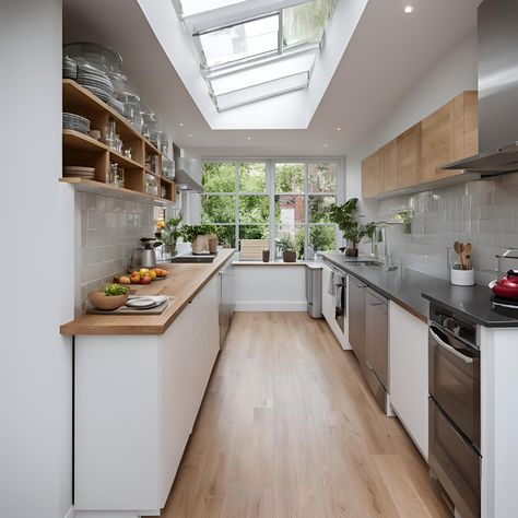 Kitchen Inspiration with Skylight ✨ This kitchen is bathed in beautiful natural light from the skylight above the counter. The light wood cabinets and countertops create a warm and inviting space, while the stainless steel appliances add a touch of modern elegance. What's your favorite feature of this kitchen? Let us know in the comments! Red Brick Backsplash, Wood Kitchen Countertops, Rustic Wood Kitchen, Reclaimed Wood Countertop, Brick Kitchen Backsplash, Wood Countertops Kitchen, Skylight Kitchen, Reclaimed Wood Kitchen, Light Wood Cabinets