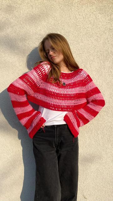 Pink And Red Sweater Outfit, Crochet Pink Sweater, Heart Sweater Crochet, Mesh Sweaters, Pink And Red Crochet, Red Crochet Sweater, Pink Crochet Sweater, Red Sweater Outfit, Black Crochet Sweater