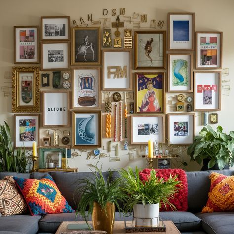 Gallery wall ideas💖💖💖 Eclectic Photo Gallery Wall, Graphic Design Gallery Wall, Maxamilist Gallery Wall, Gallery Walls With Shelves, Pop Art Gallery Wall, Gallery Wall Maximalist, Gallery Wall Over Couch, Gallery Wall With Plants, Urban Loft Apartment