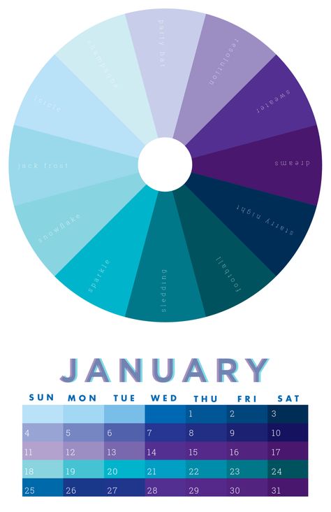 ligatures and linotype — Based on a designer’s color wheel, this wall... Calendar Palette, Analogous Painting, Colour Meanings, Unique Color Palette, January Colors, 2012 Calendar, Color Palette Design, Month Colors, Color Wheel